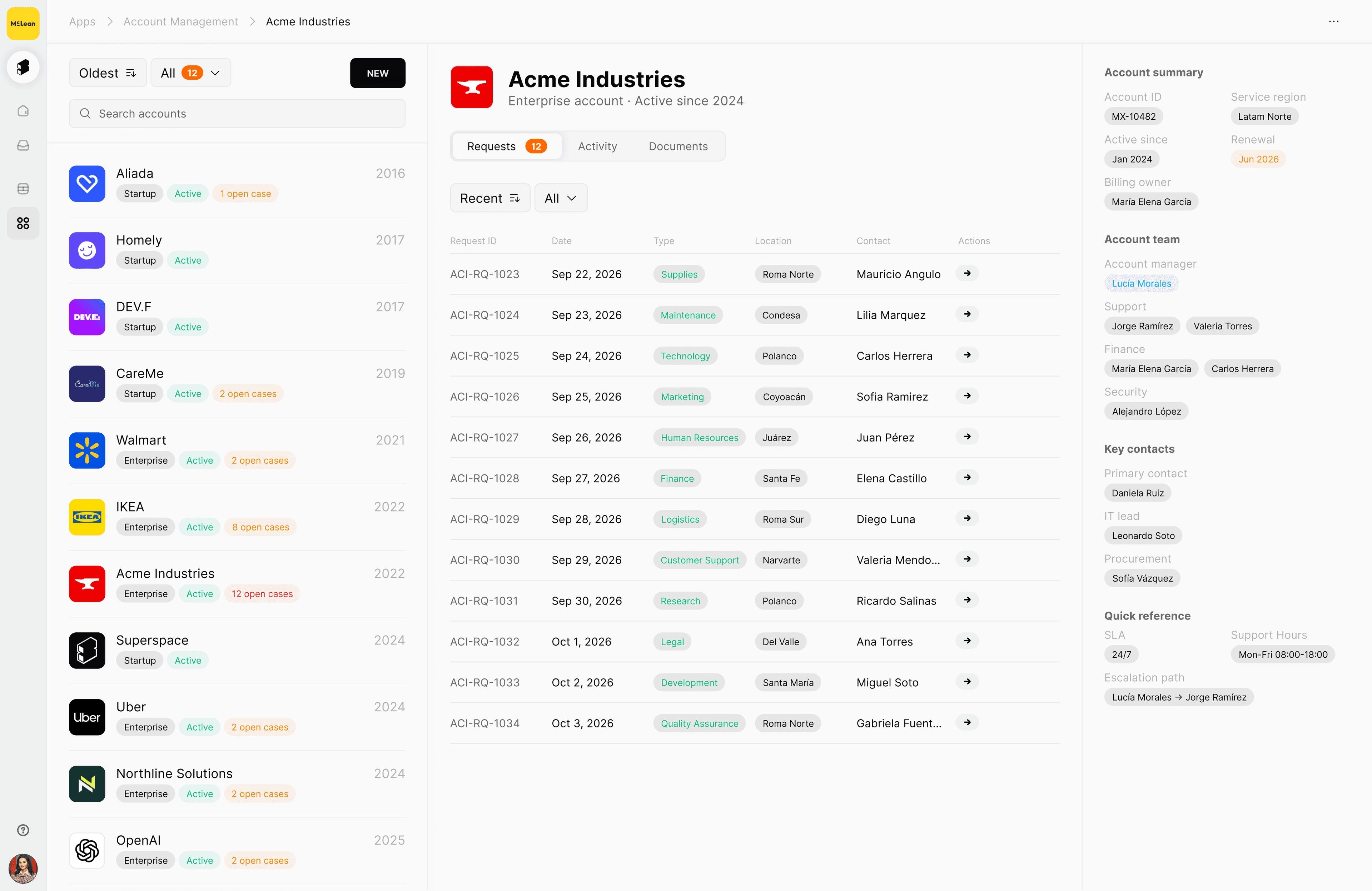 McLean customer operations workspace with account records and relationship context