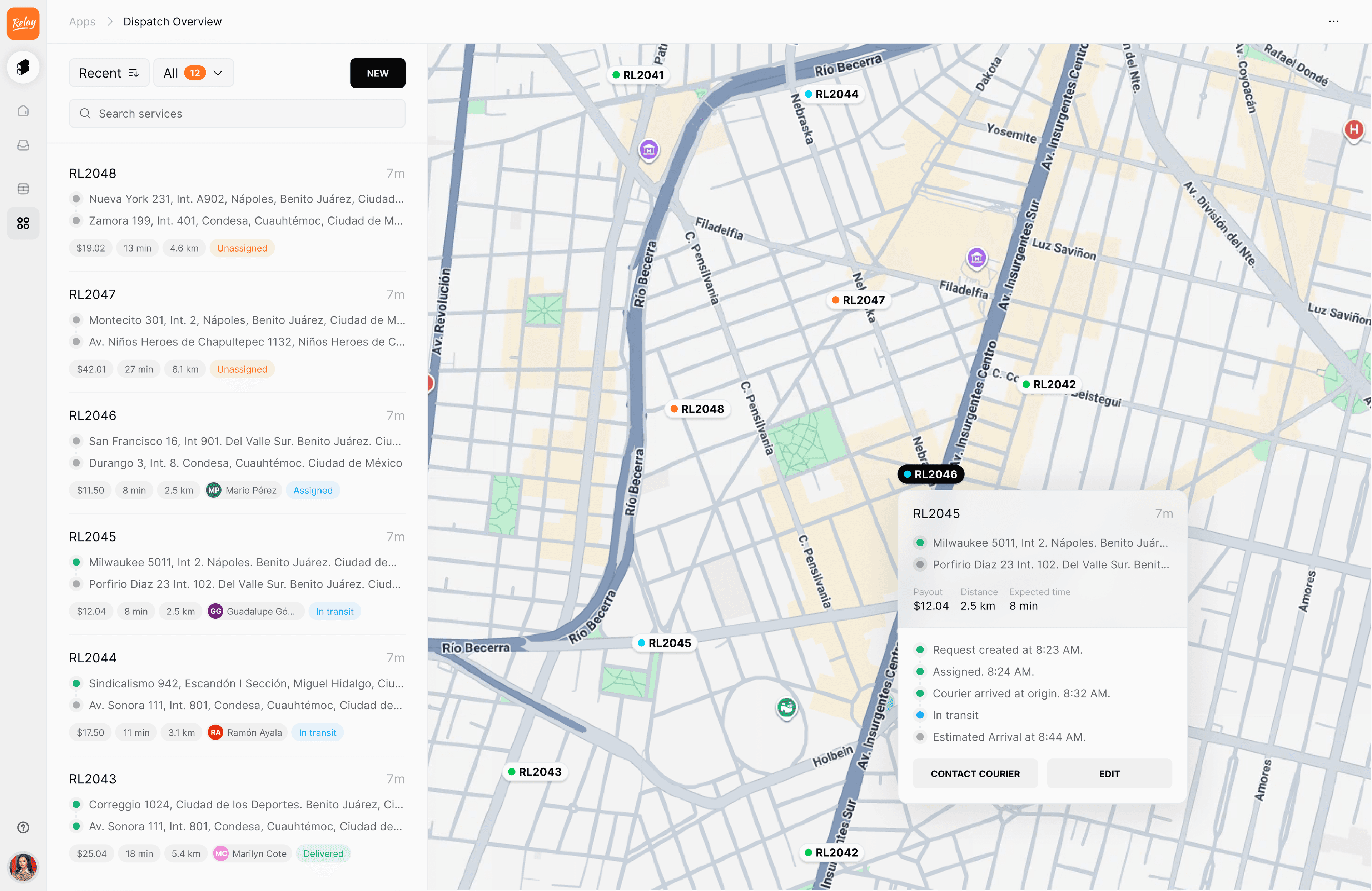 Relay dispatch overview with delivery requests, courier locations and a delivery map